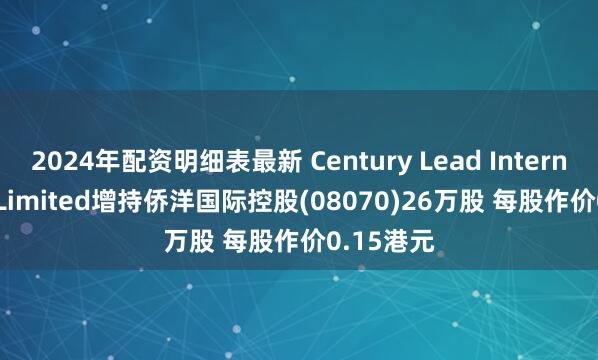 2024年配资明细表最新 Century Lead International Limited增持侨洋国际控股(08070)26万股 每股作价0.15港元